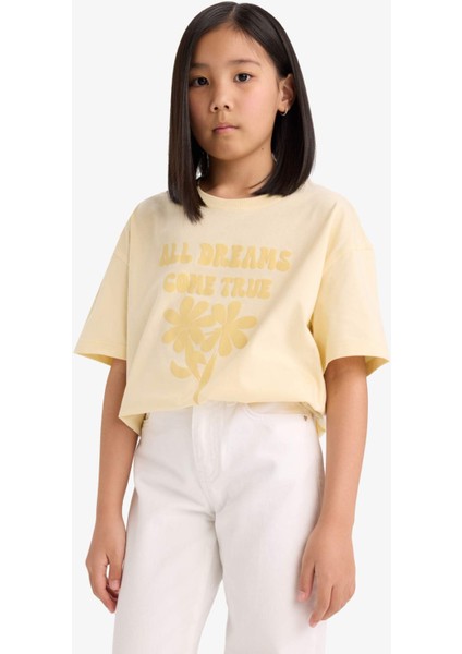 Kız Çocuk Oversize Geniş Kalıp Bisiklet Yaka Baskılı Kısa Kollu Tişört E0392A825SM