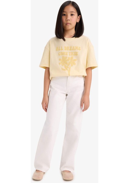 Kız Çocuk Oversize Geniş Kalıp Bisiklet Yaka Baskılı Kısa Kollu Tişört E0392A825SM