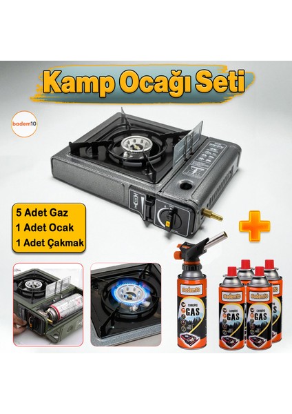 5'li Gaz Taşınabilir Portatif Kamp Ocağı Tekli Tek Gözlü Gri Renk Kartuşlu Piknik Tüp Bağlantı Ocak