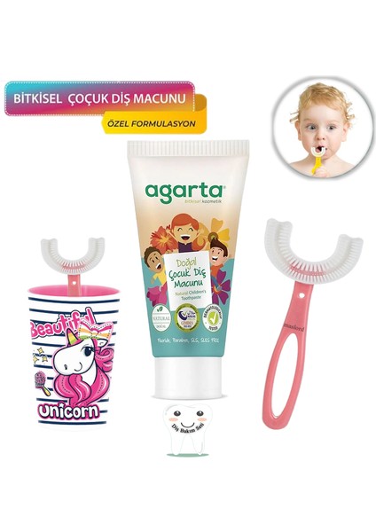 U Tipi Fırça Diş Bakım Seti - Pembe Fırçalık + Pembe Düz 6-12 Yaş + Agarta Çocuk Diş Macunu