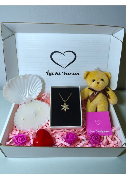 Konsept Hediye- Çelik Gold Lotus Kolye,istiridye Mum,beyaz Ayıcık Anahtarlk Sevgili Arkadaş Hediye