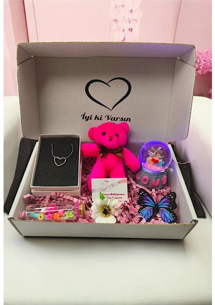 3'lü Hediye Kutusu Kalpli Çelik Kolye,peluş Anahtarlık-Işıklı Sevgili Küre- Sevgiliye,arkadaşa