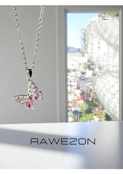 Pembe Taşlı Kelebek Çelik Kolye Güllü Kutuda | Sevgiliye Sevdiklere Özel Hediye Seti fiyatları