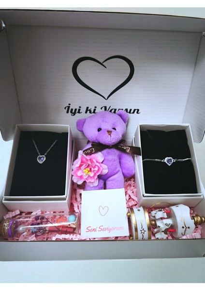 Mor Elit Hediye Set -Çelik Mor Kalp Kolye-Bileklik-Ayıcık Anahtarlık-Mini Atlı Karınca-Dilek Şişesi fiyatları