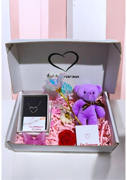 3'lü Hediye Set Kalpli Çelik Kolye Seti,sonsuzluk Gülü,peluş Anahtarlık-Sevgiliye Arkadasa Hediye