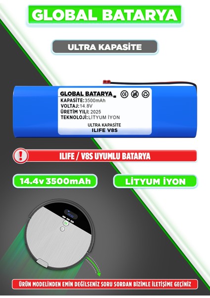 Ilıfe V8S Uyumlu Robot Süpürge Bataryası 14.8V 3500MAH Li-Ion Pil (Ultra Kapasite)