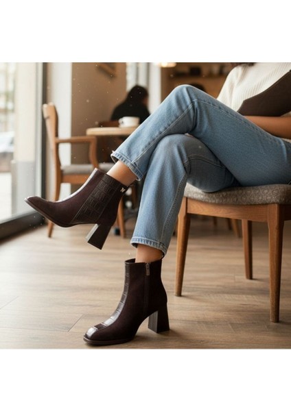 Kahve Süet Hakiki Deri Kroko Garnili Kadın Kalın Topuklu Şık ve Rahat Bot modelleri