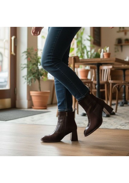 Kahve Süet Hakiki Deri Kroko Garnili Kadın Kalın Topuklu Şık ve Rahat Bot fırsatları