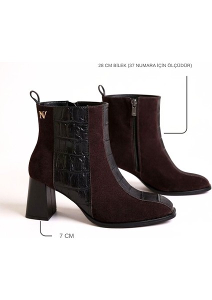 Kahve Süet Hakiki Deri Kroko Garnili Kadın Kalın Topuklu Şık ve Rahat Bot indirimleri