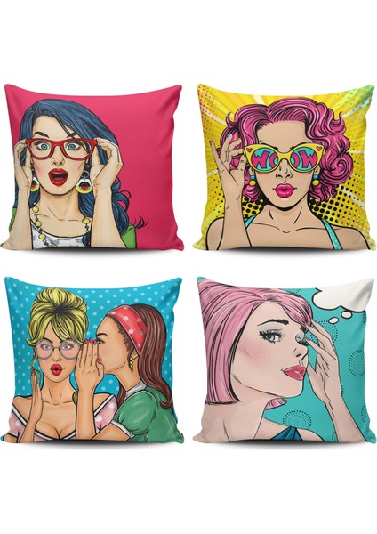4'lü Pop Art Kızları Kombin Dijital Baskılı Kırlent Kılıfı