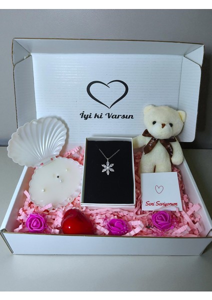Konsept Hediye- Çelik Şeffaf Lotus Kolye,istiridye Mum,beyaz Ayıcık Anahtarlk Sevgili Arkadaş Hediye