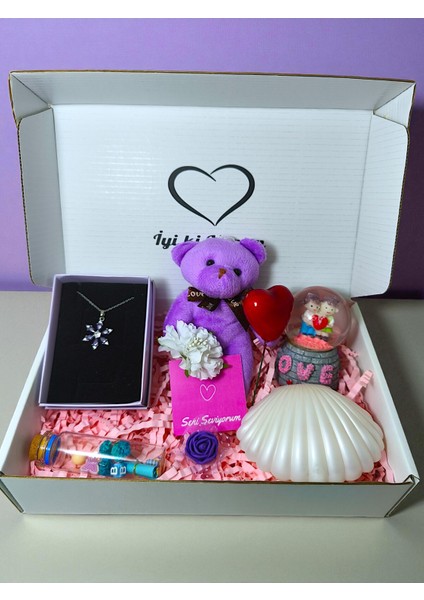 Mor Konsept- Çelik Mor Lotus Kolye-Işıklı Mini Küre-Istiridye Mum-Dilek Şişesi-Mor Ayıcık Anahtarlık