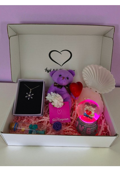 Mor Konsept- Çelik Mor Lotus Kolye-Işıklı Mini Küre-Istiridye Mum-Dilek Şişesi-Mor Ayıcık Anahtarlık fiyatları