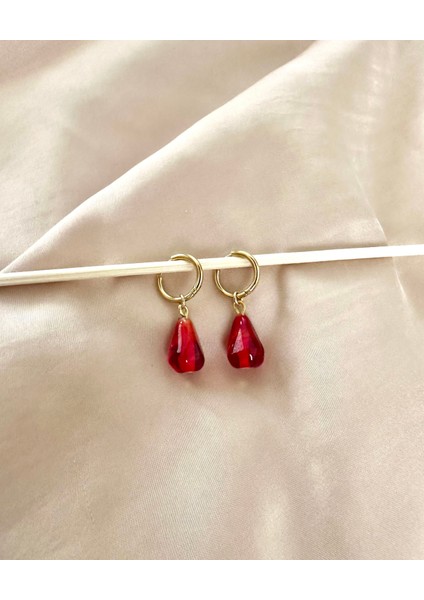 Cam Kırmızı Nar Murano Boncuk Çelik Halka Küpe