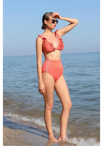 Moda Kadın Fırfırlı Yüksek Bel Kiremit Alt Üst Bikini Takım