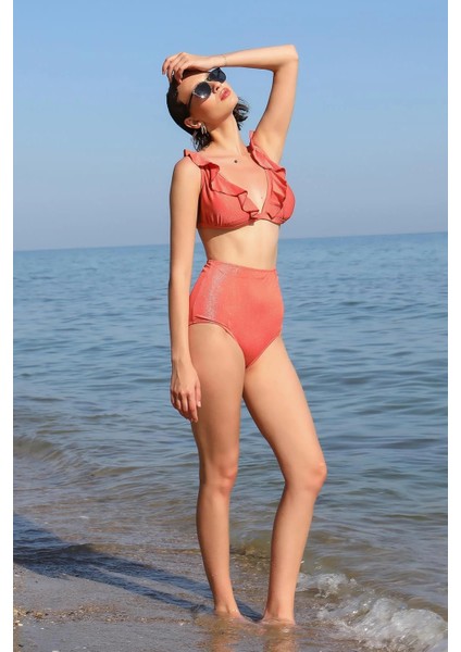 Moda Kadın Fırfırlı Yüksek Bel Kiremit Alt Üst Bikini Takım fiyatları
