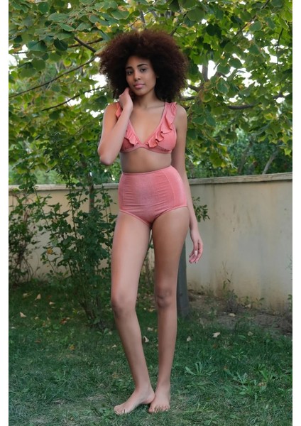 Moda Kadın Fırfırlı Yüksek Bel Kiremit Alt Üst Bikini Takım modelleri