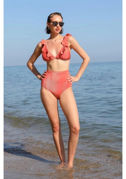 Moda Kadın Fırfırlı Yüksek Bel Kiremit Alt Üst Bikini Takım fırsatları