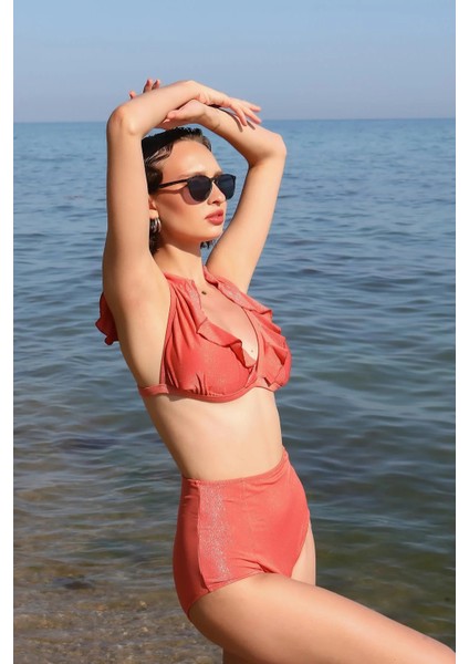 Moda Kadın Fırfırlı Yüksek Bel Kiremit Alt Üst Bikini Takım