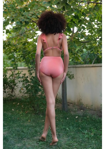 Moda Kadın Fırfırlı Yüksek Bel Kiremit Alt Üst Bikini Takım