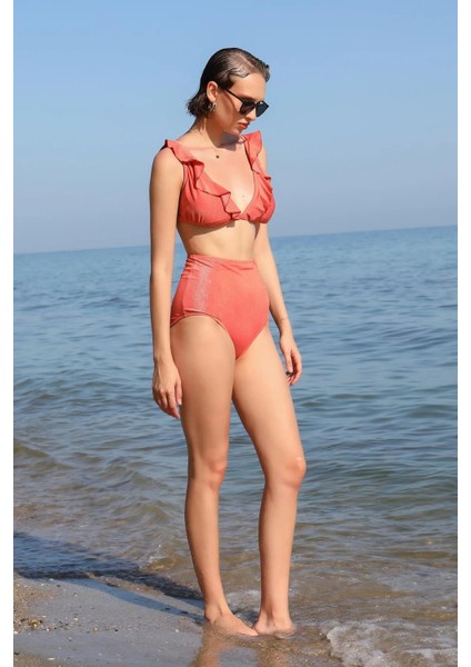Moda Kadın Fırfırlı Yüksek Bel Kiremit Alt Üst Bikini Takım