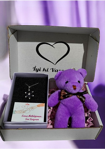 Çelik Mor Lotus Kolye ve Mor Peluş Ayıcık Anahtarlık Konsept - Sevgiliye-Sevdiklerinize Hediye