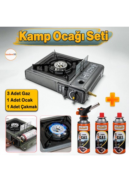 3'lü Gaz Taşınabilir Portatif Kamp Ocağı Tekli Tek Gözlü Gri Renk Kartuşlu Piknik Tüp Bağlantı Ocak
