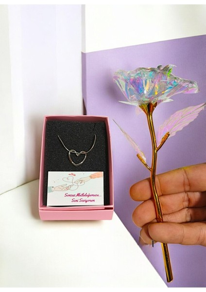 Anlamlı Hediye &sonsuzluk Güllü Özel Içi Boş Kalp Kolye -Sevgiliye Arkadaşa Sevdiklerinize Hediye