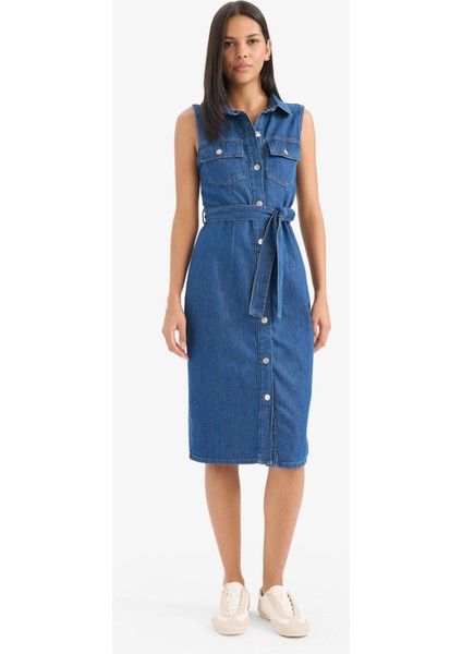 Gömlek Yaka Kuşaklı Yumuşak Jean Midi Elbise E1286AX25SM