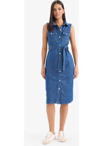 Gömlek Yaka Kuşaklı Yumuşak Jean Midi Elbise E1286AX25SM