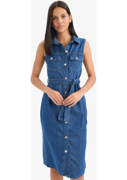 Gömlek Yaka Kuşaklı Yumuşak Jean Midi Elbise E1286AX25SM