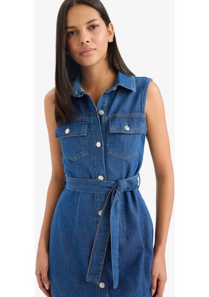 Gömlek Yaka Kuşaklı Yumuşak Jean Midi Elbise E1286AX25SM