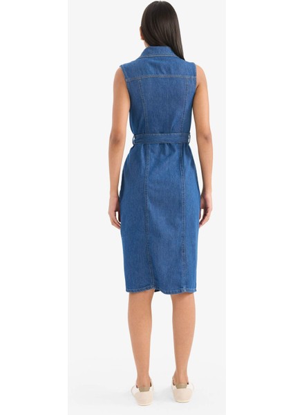 Gömlek Yaka Kuşaklı Yumuşak Jean Midi Elbise E1286AX25SM
