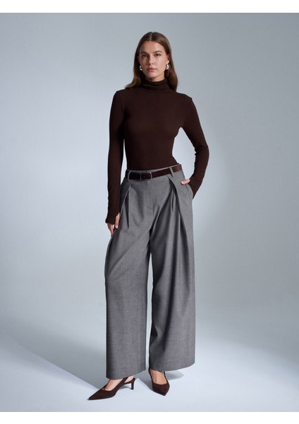 72214 Pens Detaylı Geniş Paça Pantolon-Koyu Vizon