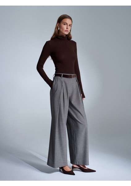72214 Pens Detaylı Geniş Paça Pantolon-Koyu Vizon modelleri