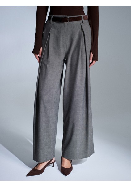 72214 Pens Detaylı Geniş Paça Pantolon-Koyu Vizon indirimleri