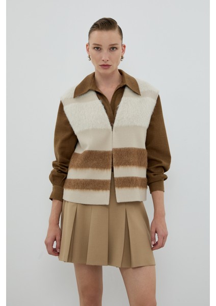 Yün Karışımlı V Yaka Yelek Camel - Bej K2617019_668