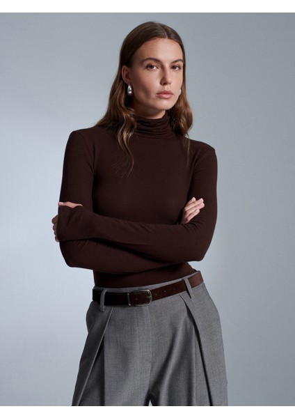 32253 Yün Karışımlı Balıkçı Yaka Top-Koyu Kahve