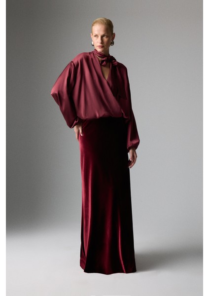 Kadife Beli Lastikli Maksi Boy Etek Bordo K2615067_008