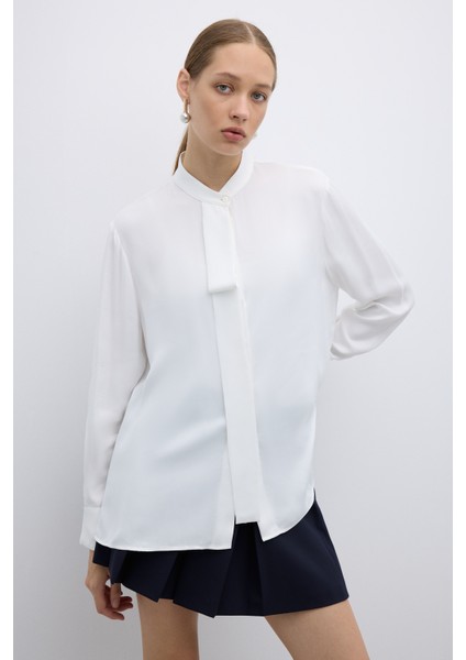 Kendinden Fularlı Hakim Yaka Gömlek Ekru K2613514_049