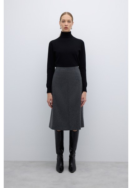 %100 Yün Midi Boy Çan Etek Koyu Gri K2615032_058