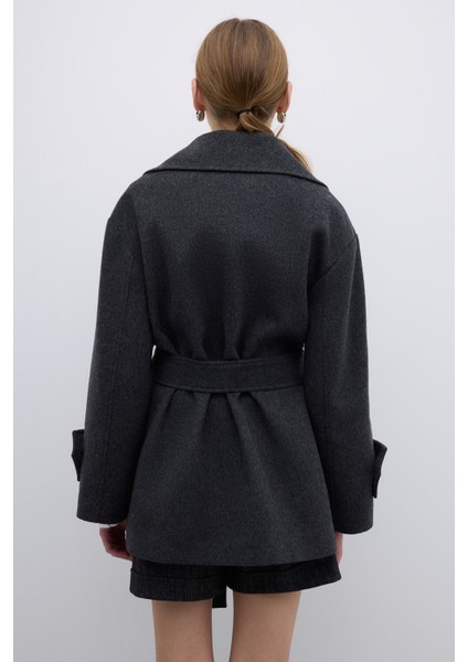 Yün Karışımlı Kruvaze Beli Kemerli Kaban Antrasit K2619005_046 fiyatları