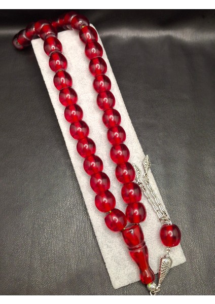 Özel Büyük Model Kırmızı Renk Fıçı Kesim Toz Kehribar Tesbih