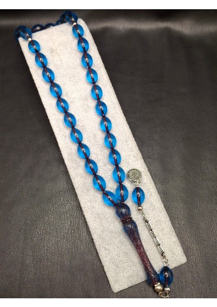 Içi Bordo Mavi Renk Imame Işlemeli Toz Kehribar Tesbih