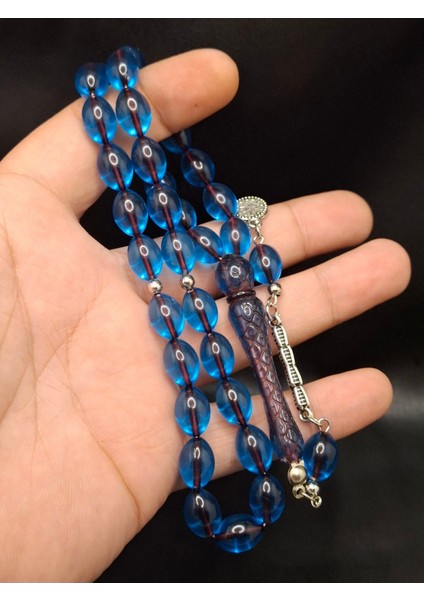 Içi Bordo Mavi Renk Imame Işlemeli Toz Kehribar Tesbih fiyatları