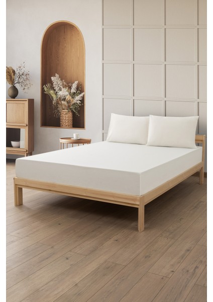 %100 Pamuk Çift Kişilik Lastikli Çarşaf Yastık Kılıfı Seti (3 Parça) - 180X200 Cm-Krem