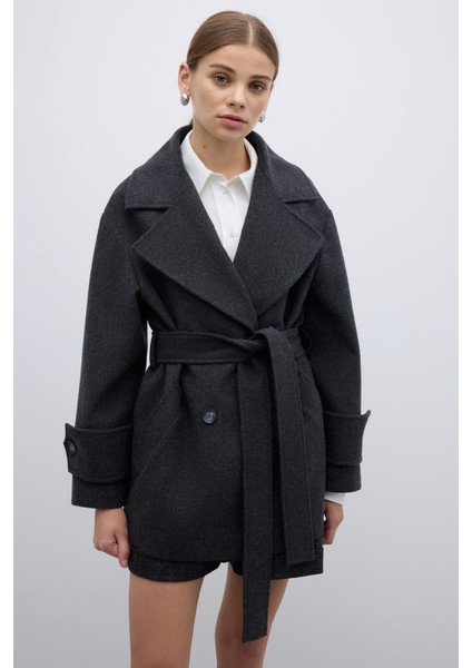 Yün Karışımlı Kruvaze Beli Kemerli Kaban Antrasit K2619005_046 modelleri