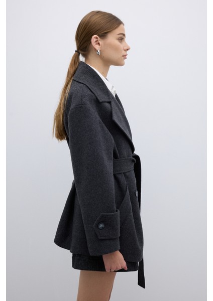 Yün Karışımlı Kruvaze Beli Kemerli Kaban Antrasit K2619005_046 fırsatları