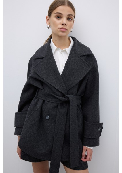 Yün Karışımlı Kruvaze Beli Kemerli Kaban Antrasit K2619005_046 indirimleri