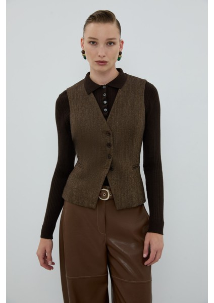 Yün Karışımlı V Yaka Önü Düğmeli Yelek Kahve K2617014_005